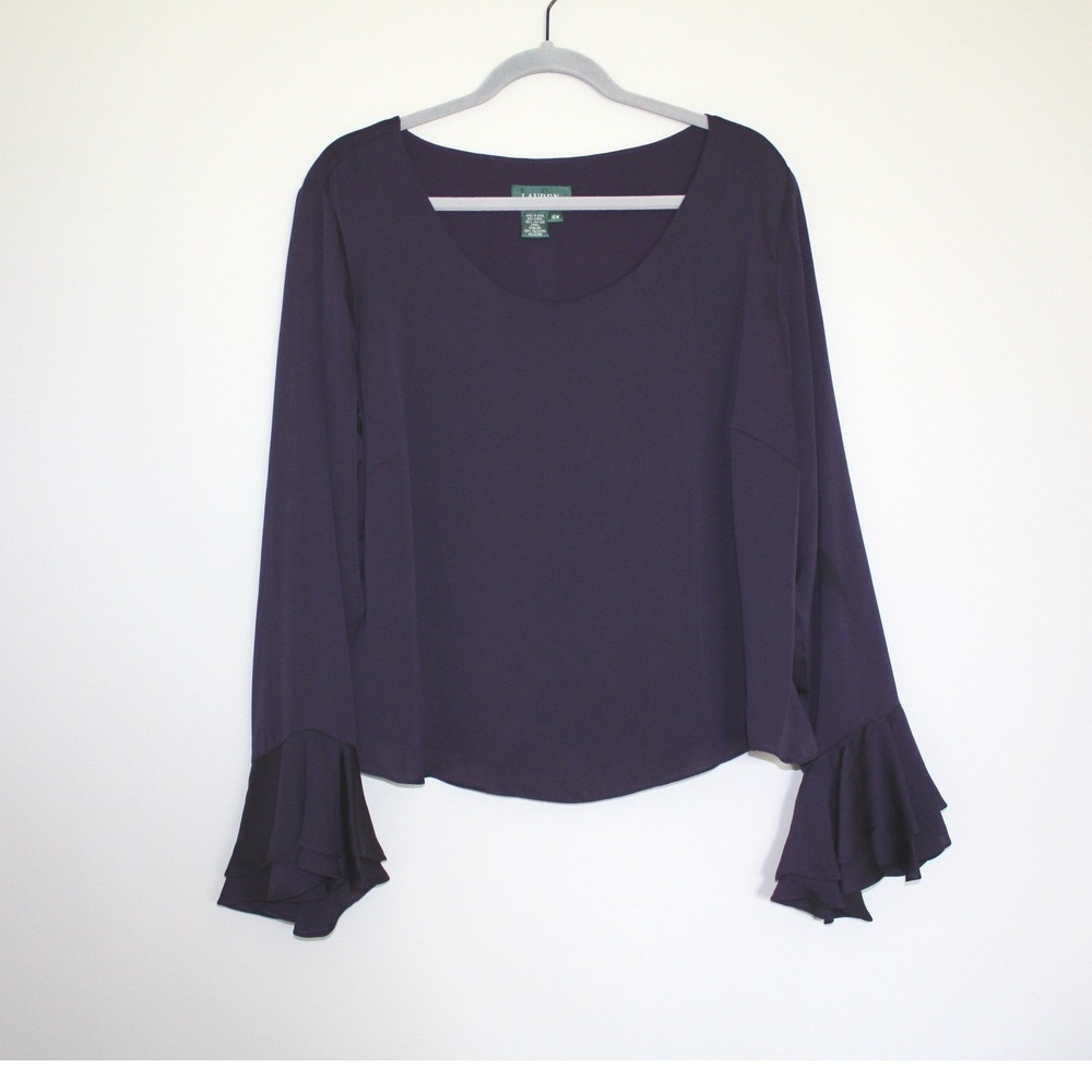 Lauren Ralph Lauren Purple 100% Silk Ruffle Cuff Blouse Top Plus Size 16W